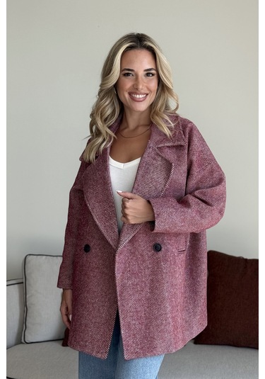 Bordo 1. Sınıf Kalite Balık Sırtı Oversize Kaşe Kaban Bordo