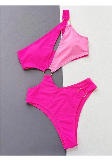 Seksi Asimetrik Ekleme Tek Omuz Kadın Mayo Tek Parça Mayo Kadın Monokini Kesik Bather Mayo Yüzme Pembe