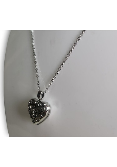 Uzel Çelik Açılır Kapanır Taşlı Kalp Kolye Beyaz