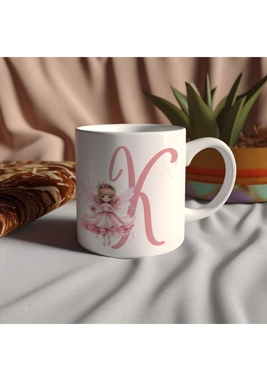 K Harfi Pembe Peri Kızı Figürlü Kupa Bardak Masalsı Çay Kahve Kupası - Kişiye Özel Hediye Beyaz