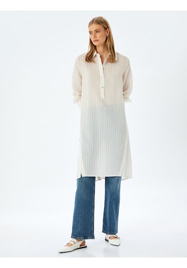 Koton Çizgili Gömlek Yaka Uzun Kollu Oversize Midi Tunik Elbise Kahverengi Çizgili 5sak80063uw 5s5