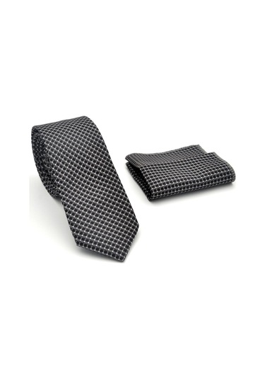Beyaz Küçük Kare Desenli Füme Dokuma Kumaş Mendilli Slim Fit Kravat // Sdk-2511-6 Füme