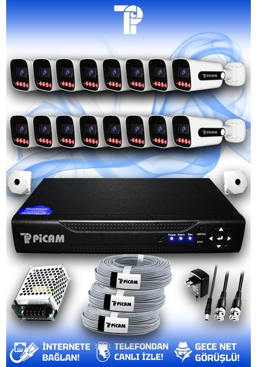 Picam 16 Kameralı Zebra 16 Dış Kamera Set Hdd'siz 5 Mp 2k Net Gece Görüşlü Güvenlik Kamerası Sistemi