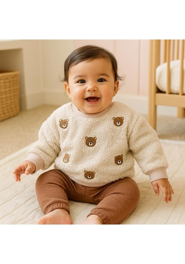 Bear Kafalar Nakışlı Omuzdan Çıtçıtlı Pantolonda Cep Detaylı Welsoft 2 Parça Takım Açık Kahverengi