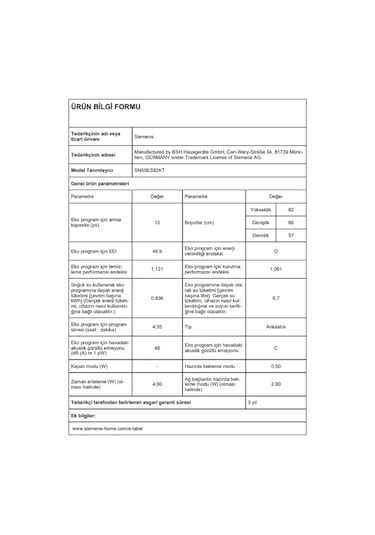 Siemens SN55ES82KT 8 Programlı 13 Kişilik Bulaşık Makinesi