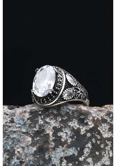 Beyaz Zirkon Taşlı 925 Ayar Gümüş Erkek Yüzüğü Zirkon Taş Süslemeli 901463 Gümüş