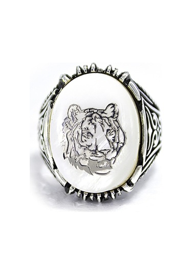 Gümüş Sedef Taş Kaplan Işleme Erkek Yüzük