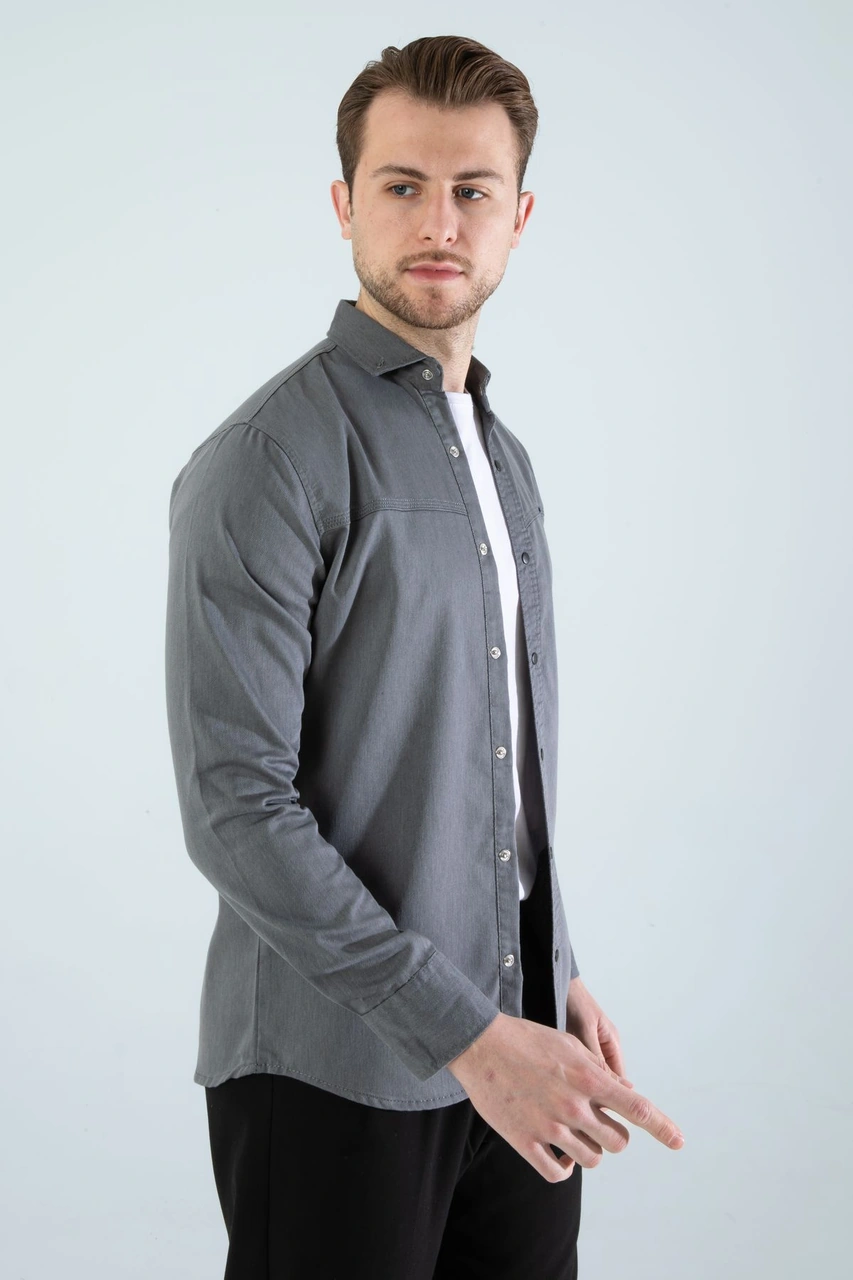 Slim Fit Erkek Cepsiz Kot Gömlek Gri