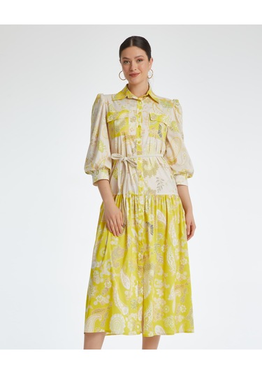 Desenli Kadın Gömlek Elbise - Cepli - Kemerli - Günlük Kullanım İçin Elbise Sarı
