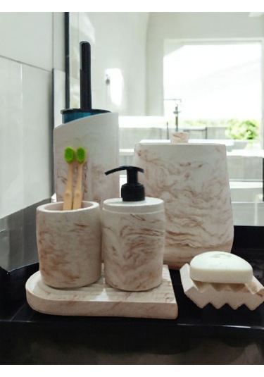 Mermer Serisi Beton Banyo Seti,çöp Kovasi,tuvalet Fırçası Takimı,tepsi,sıvı Ve Katı Sabunluk, Bej