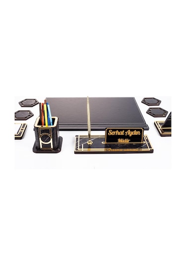 Roxy Siyah Deri Sümen Takımı Gold Mermer Desen Ahşap İsim Yazılı Masa İsimliği Masaüstü İsimlik Seti