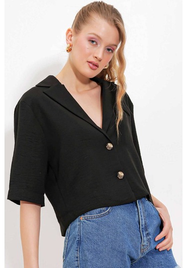 Gabria Kısa Keten Ceket Siyah