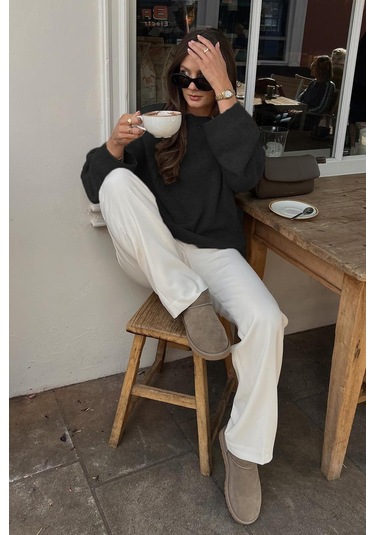 Madmext Madmext Bisiklet Yaka Oversize Triko Kazak MG1972 Siyah