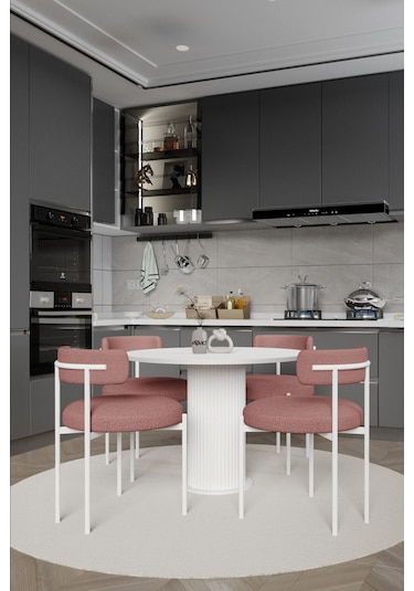 Avvio Sweet Pink Dreams Ptt Lake Mdf Ayak 4'lü Teddy Sandalye 90x90 Masa Sandalye Takımı Bukle Kumaş Beyaz