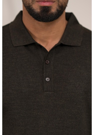 Woolen World Polo Yaka Düz Renk Yünlü Erkek Triko Kazak Kahverengi