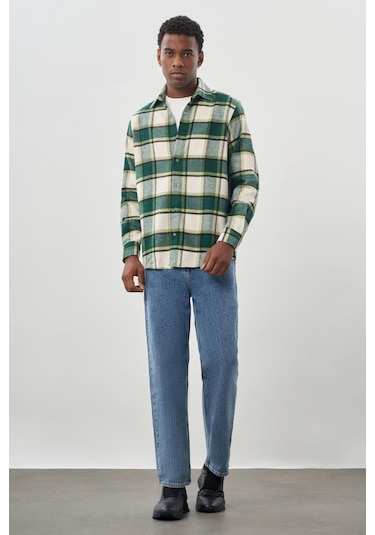 Koyu Lacivert Yünlü Ekose Desen Yumuşak Yaka Cepsiz Uzun Kol Casual Comfort Fit Gömlek 1004245227 Koyu Lacivert