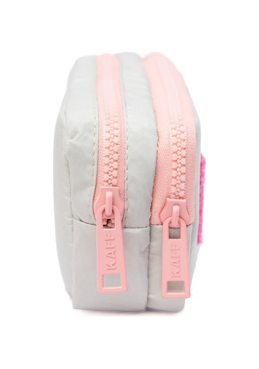 01108 Taş Rengi Pembe Fermuarlı Su Geçirmez Bondit Kumaş Peluş Baskılı Çift Gözlü Kalemlik