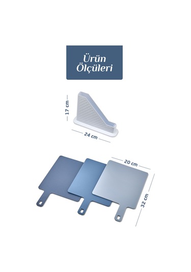 4'lü Tezgah Üstü Standlı Kulplu Kesme Tahtası - Çoklu Doğrama Tahtası Ekmek Sebze Et Kesim Panosu Mavi