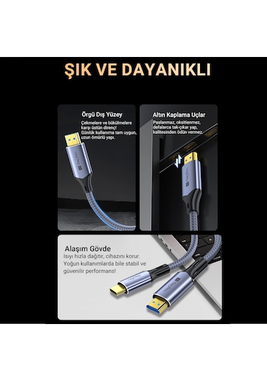 Veggieg Type-c To Hdmı Kablo 8k 60hz 4k 240hz Hdr 3d 48gbps Örgülü Usb-c To Hdmı Kablo 2 Metre