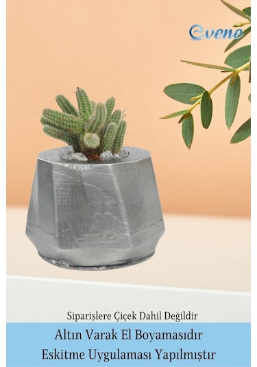 Saksı Çiçek Kaktüs Saksısı Lüx 15 Cm Kalın Çizgili Desen Saksı Çiçeklik - Gümüş Eskitme