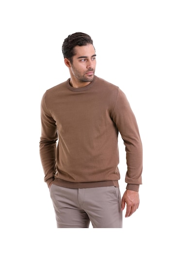 Hatemoğlu Erkek Regular Fit Pamuk Bisiklet Yaka Triko Kazak Kahverengi