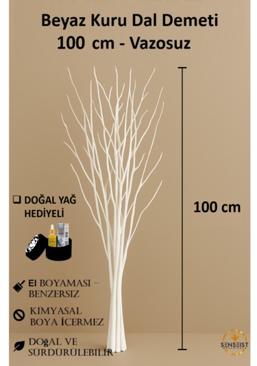 Gerçek Kurutulmuş Ağaç Dalı Demeti Beyaz El Boyaması 100 Cm