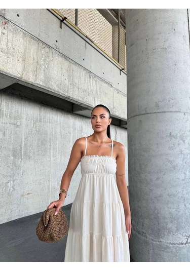 Dantelli Askılı Keten Elbise S4310 Bej