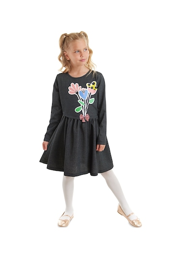 Denokids Mshb&g Çiçekler Denim Görünümlü Siyah Kız Çocuk Elbise Siyah