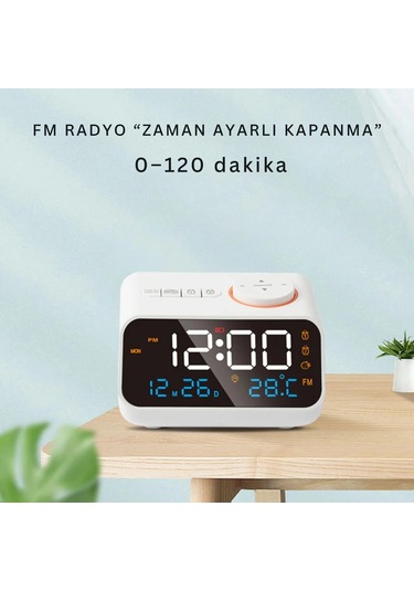 Shopytech Fm Radyo Dijital Çalar Saat Led Ekranlı Masa Saati Sıcaklık Nem Göstergesi 2 Usb Şarj Çıkı Beyaz