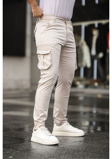 Siyah Renk Körüklü Paçası Lastiksiz Kargo Pantolon Ekru