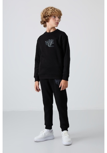 Tommy Life Siyah Pamuklu Kalın İçi Tüylü Yumuşak Dokulu Standart Fit Baskılı Erkek Çocuk Eşofman Takım - 11253 Siyah