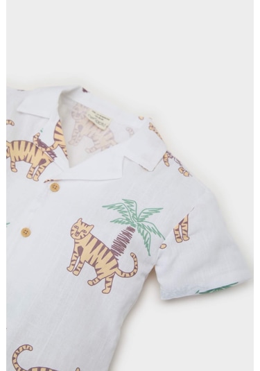 DeFacto Erkek Bebek 2'li Takım Desenli Flamlı Poplin Kısa Kollu Gömlek Beli Lastikli Jean Pantolon E7725A525SPER105 Ekru