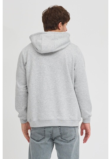 Erkek Gri Melanj Standart Fit Normal Kesim Içi Polarlı 3 Iplik Kapüşonlu Pamuklu Sweatshirt Gri Melanj