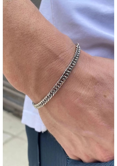 İnce Yassı Sık Zincirli Spor Erkek Çelik Zincir Bileklik 3mm 21cm Eck13b Gümüş