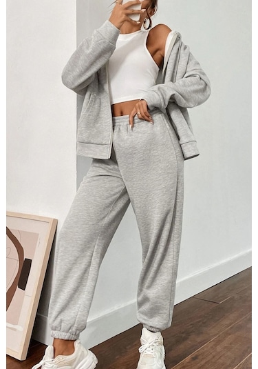 Modagen Kadın Gri Hırka Alt Üst Eşofman Takımı Gri