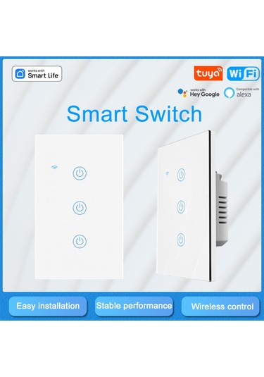 Xindoker Üç Yollu Cam Dokunmatik Akıllı Anahtar, Wifi İle Kontrol, Led Işık Gösterici, Sıfır Ateş Bağlantısı, Yx-ws003a Beyaz