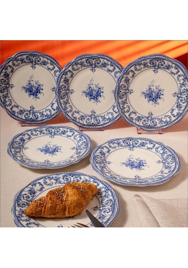 Fecra Majestic Blue 6 Parça Pasta Tabağı Seti Beyaz - Mavi