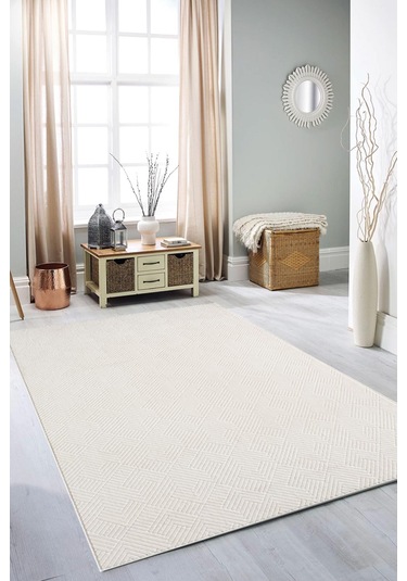 Rölyef Halı Yolluk Krem Kaymaz Taban Makinada Yıkanabilir Salon, Mutfak & Koridor Krem