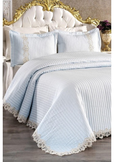 Mihrimah Dantelli Çift Kişilik %100 Pamuk Yatak Örtüsü Pike Takımı Mavi
