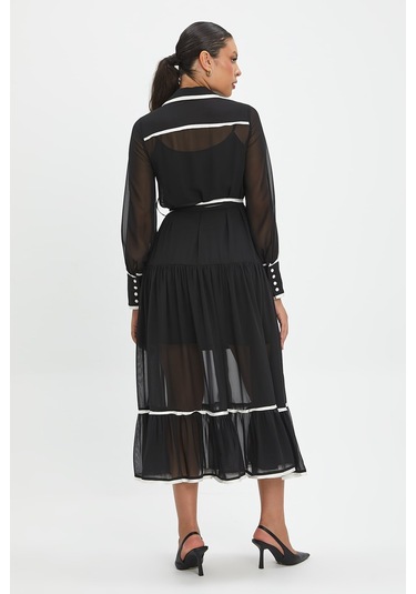 Şifon Ve Bağcıklı Midi Boy Elbise - Kontrast Şerit Detaylı - Günlük Ve Özel Günlük Şıklık Siyah