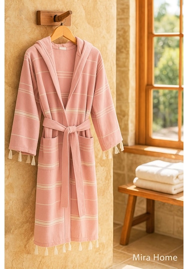 Kapüşonlu Kadın / Erkek Peştemal Bornoz Soft %100 Pamuklu Natural Pembe