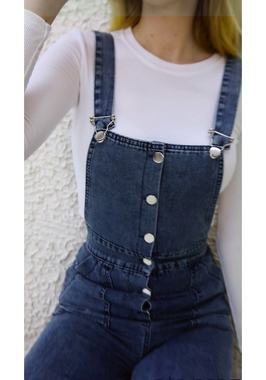 Önden Düğmeli Enzim Kumaş Salopet & Tulum Mavi