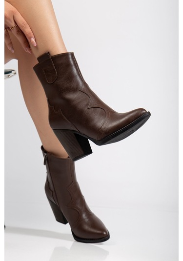 117 Kahve Kovboy Dikiş Detaylı Fermuarlı Yüksek Topuklu Günl... Kahve