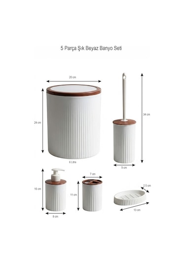 Makri Home 5 Parça Şık Beyaz Banyo Seti, Hacim: 6 Litre Beyaz