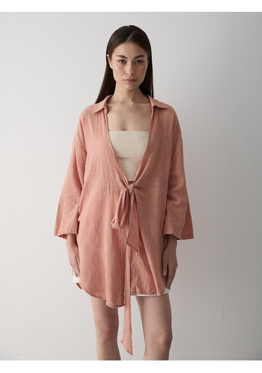 Somon Flam Keten Kimono Gömlek Somon