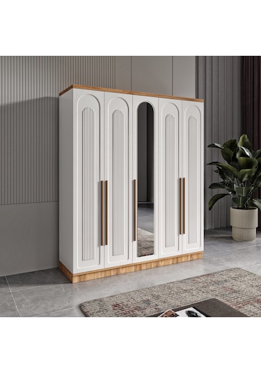 Flora 5 Kapaklı Komple Mdf Aynalı Gardırop - Elbise Dolabı
