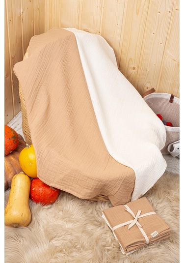 Kahverengi 2 Katlı Müslin Örtü Seti 2 Li 75x75 CM Krem