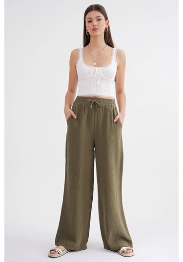 4286 Kadın Bol Paça Beli Lastikli Müslin Palazzo Pantolon Haki Haki