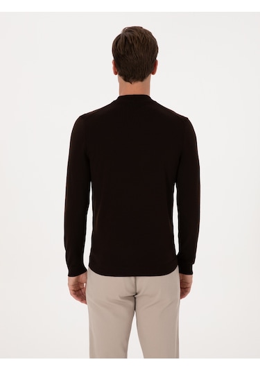 Cacharel Kahverengi Slim Fit Yün Karışımlı Çeyrek Balıkçı Basic Triko Kazak