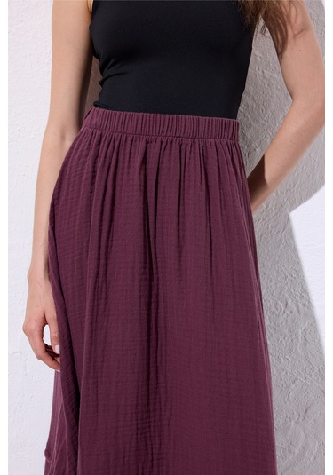 Müslin Katlı Geniş Etek Mürdüm Mürdüm